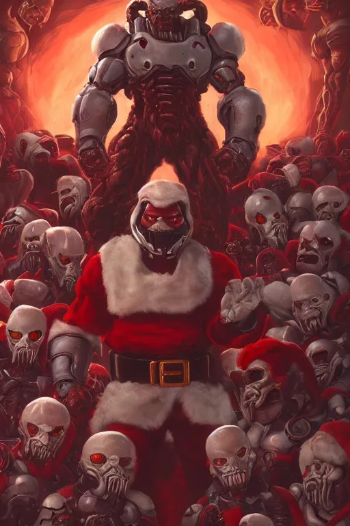 Prompt: ( doom ) cover featuring santa!! claus!! surrounded by demons, by jimmy presler, artstation, vivid gaze, deep gaze