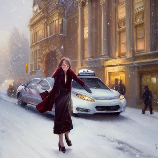 Image similar to ultra realistic illustration, emma stone getting out of a taxi in winter, intricate, elegant, highly detailed, digital painting, artstation, concept art, smooth, sharp focus, illustration, art by artgerm and greg rutkowski and alphonse mucha