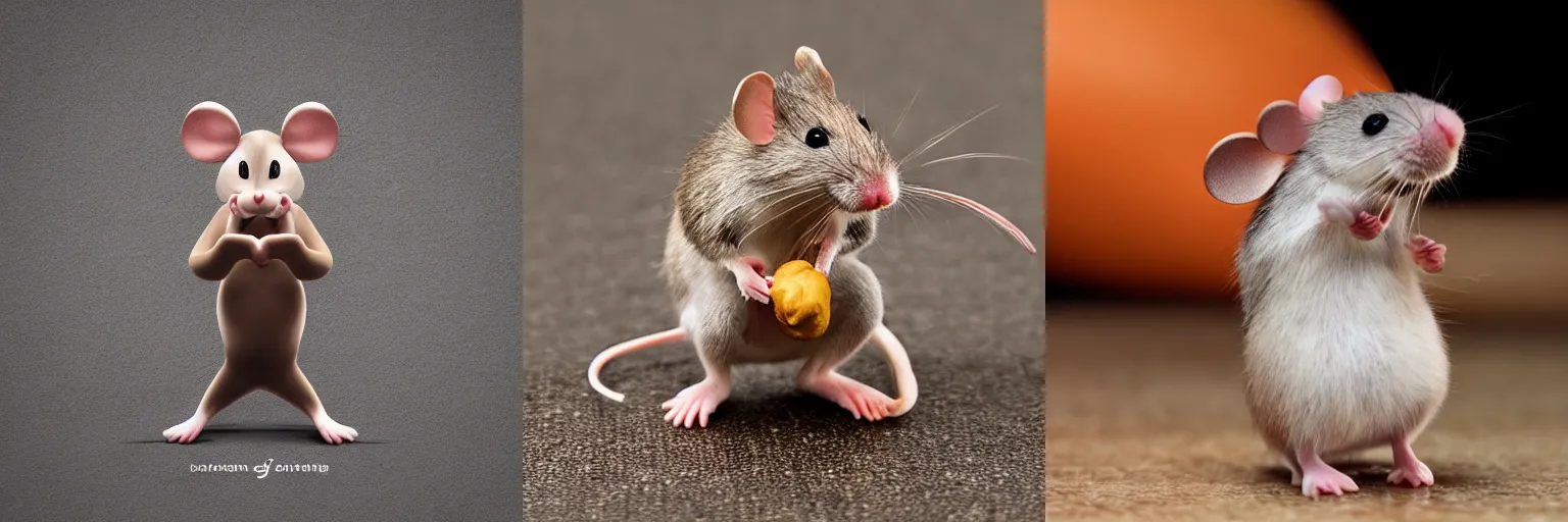 Prompt: a cute realistic mouse holding a cashew nut while standing on his back legs