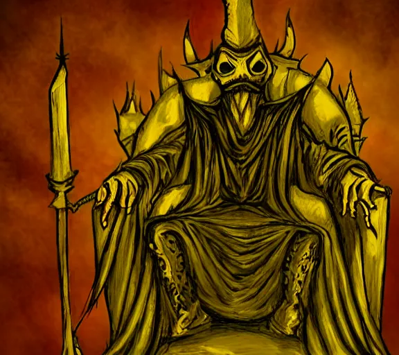 Image similar to eldritch king in yellow on his occult throne by mike winkelman