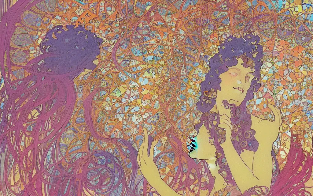 Prompt: self love is gay, always hate yourself. wave, particle, synth, frequencies, pattern, oscillation. wave-particle duality. colorful, vibrant. fractal gems, fractal crystals, by alphonse mucha, by jean giraud and by james jean