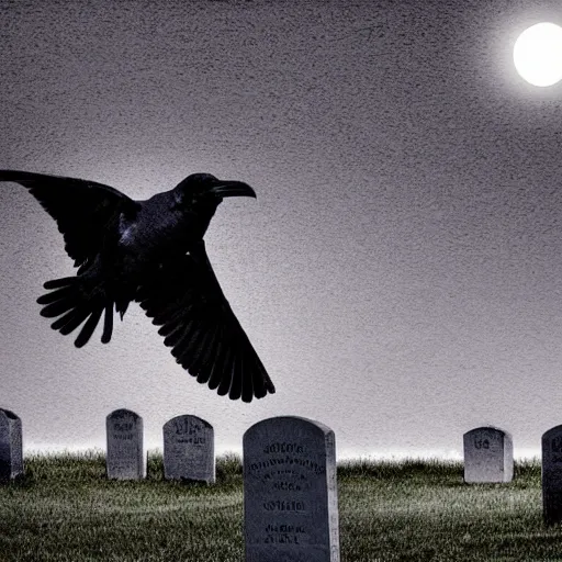 Image similar to a raven flying over the tombstone at rainy night with full moon, rain, clouds, tall trees, diffused blue glow