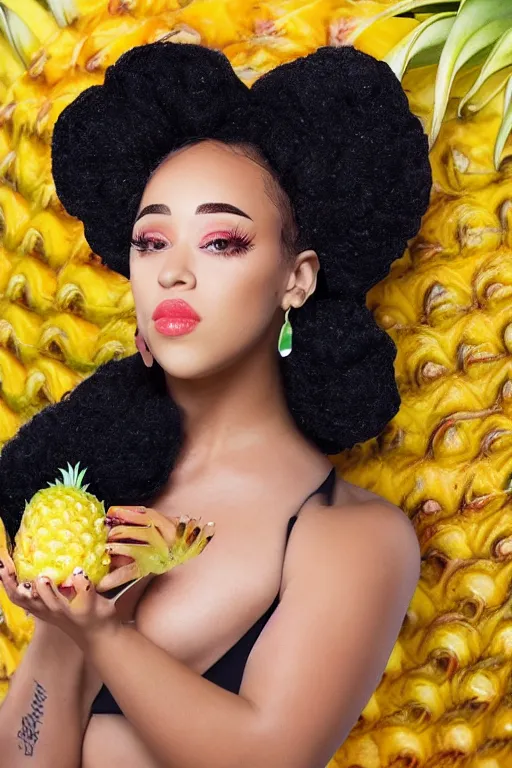 Prompt: doja cat as a dole pineapple, human face in the shape of a pineapple, professional food photography, dole pineapple