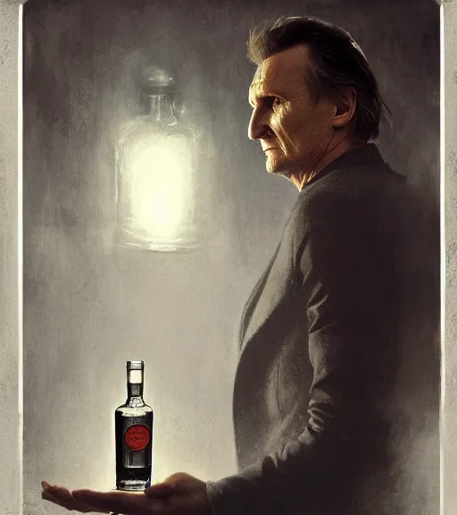 Image similar to liam neeson inside a gin bottle. magical atmosphere. art by greg rutkowski. lifelike. very detailed 8 k. intricate. soft light. nikon d 8 5 0.