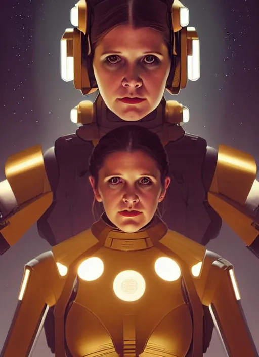 Image similar to symmetry!! portrait of young carrie fisher, gold sci - fi armour, tech wear, glowing lights!! sci - fi, intricate, elegant, highly detailed, digital painting, artstation, concept art, smooth, sharp focus, illustration, art by artgerm and greg rutkowski and alphonse mucha