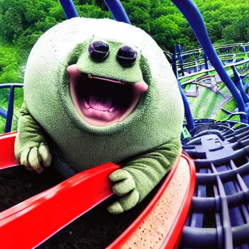 Prompt: selfie of a happy tardigrade riding a roller - coaster