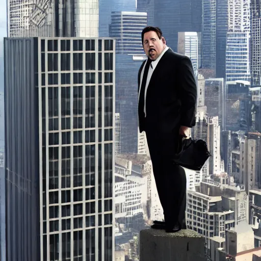 Image similar to Clean-shaven Jon Favreau as Happy Hogan wearing a black suit and black necktie and black dress shoes is climbing up a tall building in an urban city.