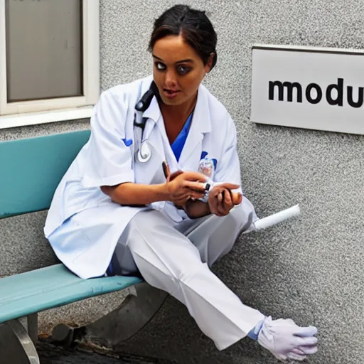 Image similar to a nurse smoking a cigarette outside a hospital during their break