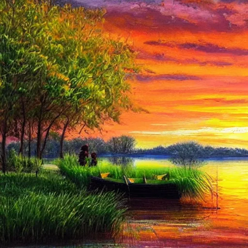 Prompt: a grassy landscape with lakes during dawn during sunset, boats on the lakes, ultra realistic, ultra detailed, beautiful oil painting
