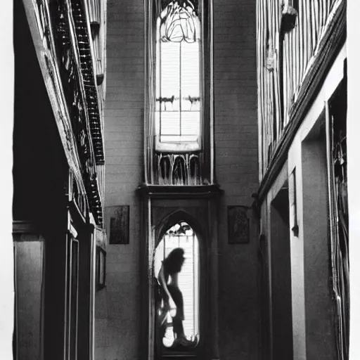 Image similar to detailed still of Ripley-Sigourney Weaver wearing a white singlet and cat Jonesy moving apartment New York City 1983, gothic building entrance way Art Deco, style of H.R. Giger, cinematic feel, high octane