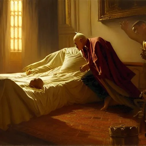 Image similar to the pope is in his bed, nervous and terrified, because a double horned shadow figure ghost from hell is attacking him. highly detailed painting by gaston bussiere, j. c. leyendecker, greg rutkowski, craig mullins 8 k