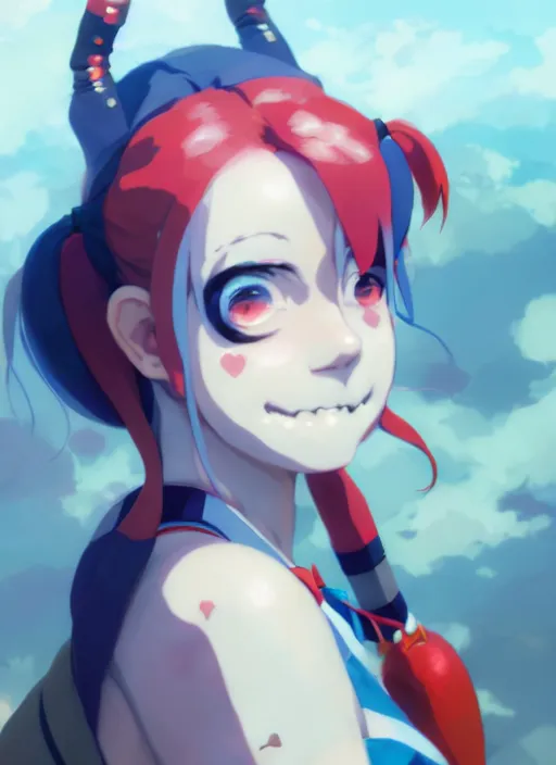 Image similar to portrait of cute anime harley quinn, cloudy sky background lush landscape illustration concept art anime key visual trending pixiv fanbox by wlop and greg rutkowski and makoto shinkai and studio ghibli