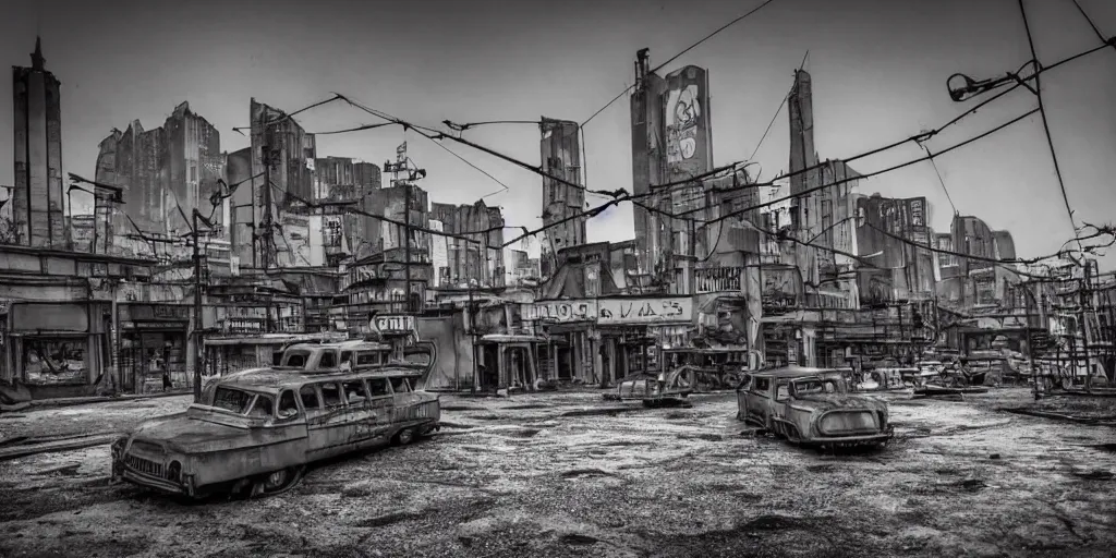 Prompt: low wide angle shot of dilapidated fallout 5 europa, retro futuristic euro cityscapes, desolate, dilapidated neon signs, few rusted retro futuristic vintage parked vehicles like cars, buses, trucks, trams, volumetric lighting, photorealistic, fog, daytime, spring, rainy weather, sharp focus, ultra detailed, 4 0 0 0 k