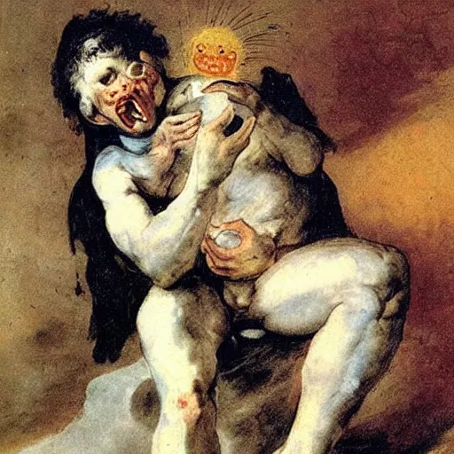 Image similar to saturn devouring his son, painting by francisco goya