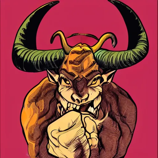 Prompt: precisely drawn illustration of a horned minotaur demon with a nose ring laughing, wide angle, sharp, fine details, French comic style, vibrant realistic colors, full color, heroic fantasy, intense line art, 8k, precise linework, realistic, in the style of Richard Corben and Moebius