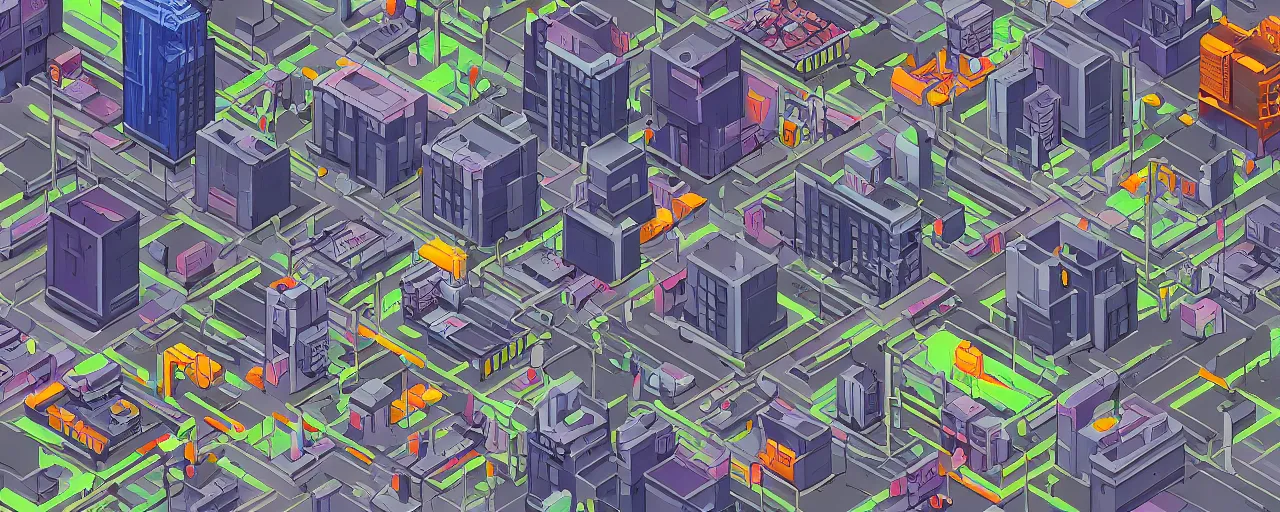 Prompt: cyberpunk isometric city scene