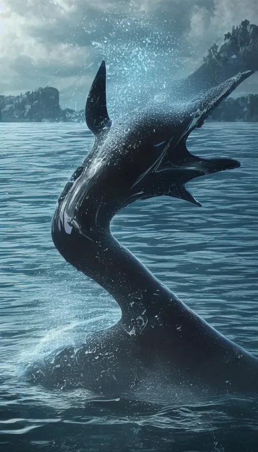 Image similar to color pentax photograph of a biomechanical orca spirit emerging from the sea, made up of bits of plastic and skin and metal, shiny, wet, made of nanomaterials, metallic, solarpunk, post apocalyptic, hyper realistic, epic angle, octane render, unreal engine render, 8k, super detailed, SLEEK!!