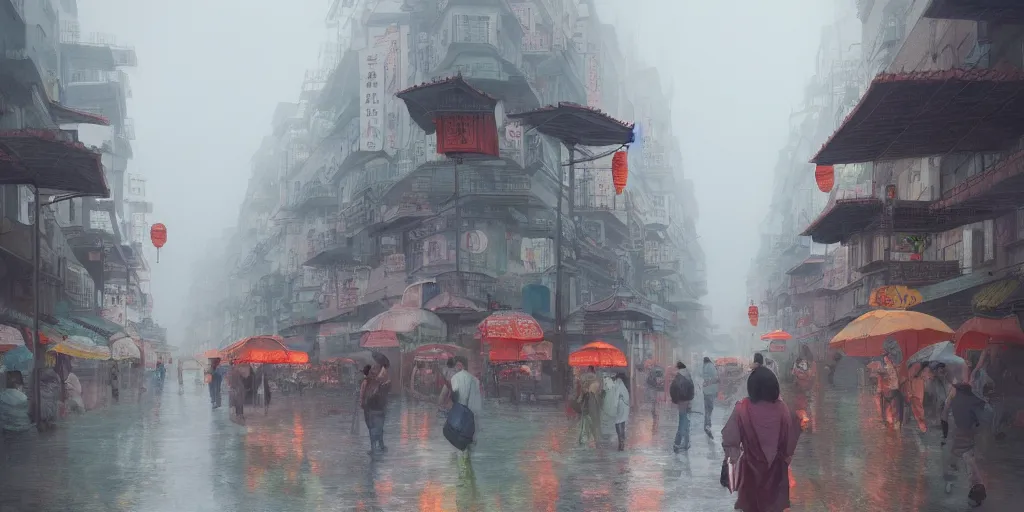 Image similar to morning market in chinatown, foggy rainy day, matte painting, studio ghibli, artstation