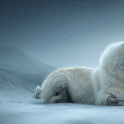 Prompt: giant sleeping ( ( ( ( samoyed ) ) ) ) creature creature in a tundra landscape, dramatic lighting, moody : : by michal karcz, daniel merriam, victo ngai and guillermo del toro : : ornate, dynamic, particulate, intricate, elegant, highly detailed, centered, artstation, smooth, sharp focus, octane render, 3 d