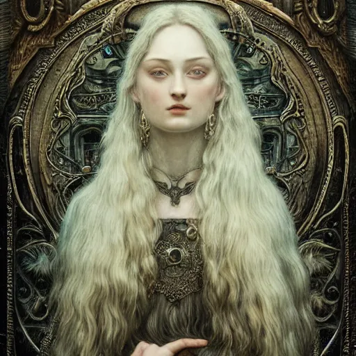 Prompt: matte _ painting _ portrait _ shot _ beautiful _ sophie _ turner _ steampunk _ detailed _ and _ intricate _ by _ jean _ delville _ gustave _ dore _ and _ marco _ mazzoni _ art _ nouv vivid _ - h _ 7 6 8