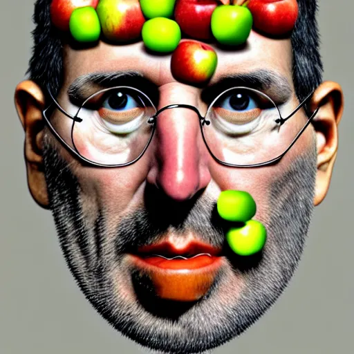 Image similar to giuseppe arcimboldo, steve jobs, face made of many small apples and fruit, highly detailed, illustration, intricate portrait design, diffuse lighting, aesthetic, trending on artstation