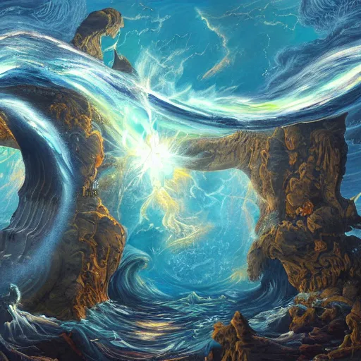 Image similar to highly detailed painting of atlantis opening a portal to another dimension,