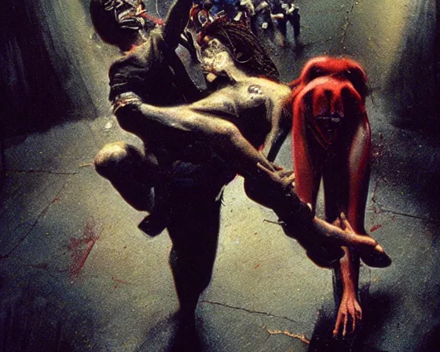 Prompt: underground carnival scene from a 7 0's movie by chris cunningham, kenneth anger and alejandro jodorowsky : : actor pulling an actress out of an animal's mouth : : ultra realistic, concept art, highly detailed by greg rutkowski, craig mullins, simon bisley