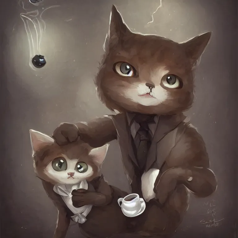 Image similar to cute little anthropomorphic cat barista wearing a black suit, tiny, small, miniature cat, baby animal, short, cute and adorable, pretty, beautiful, ghibli character art portrait, matte fantasy painting, deviantart artstation, by by jason felix by steve argyle by tyler jacobson by peter mohrbacher, cinematic lighting