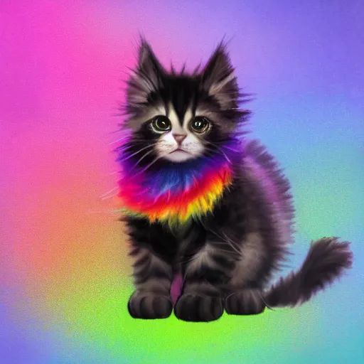 Image similar to wide angle full body, of a fluffy cute rainbow kitten wearing a black leather motorcycle jacket, concept art