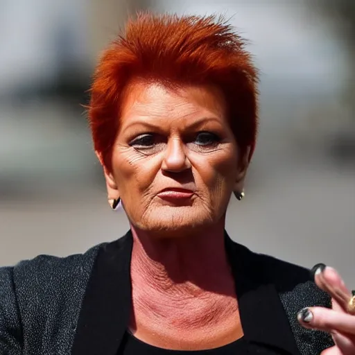 Image similar to Pauline Hanson unzipping her skin to reveal she is secretly a lizard people