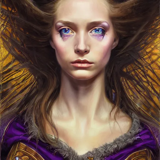 Image similar to high quality extremely detailed portrait of a young gorgeous female warlock looking away from the camera, detailed eyes, sparkle in eyes, no hands visible, fantasy, d & d, painting by lucian freud and mark brooks, hd