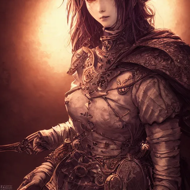 Image similar to the portrait of neutral evil fallen female knight vagabond as absurdly beautiful, gorgeous, elegant, sophisticated, woman, an ultrafine hyperdetailed illustration by kim jung gi, irakli nadar, intricate linework, bright colors, octopath traveler, final fantasy, unreal engine 5 highly rendered, global illumination, radiant light, detailed and intricate environment