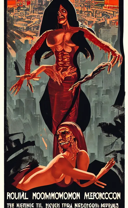 Prompt: 8 k cursed with necronomicon horrorcore cel animation poster depicting dominican woman with sharp nails, intricate faces, metropolis, 1 9 5 0 s movie poster, post - processing, vector art