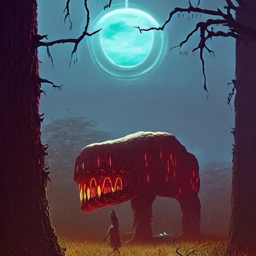 Prompt: giant creature lurking over a cowering smaller creature, epic science fiction horror by Simon Stalenhag and Mark Brooks, extremely detailed
