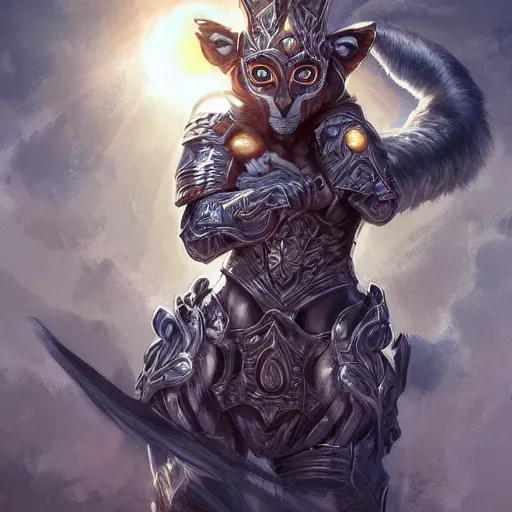 Image similar to lemur in knight armor, sun in the background, intricate, elegant, fantasy, highly detailed, digital painting, artstation, concept art, smooth, sharp focus, illustration, art by artgerm