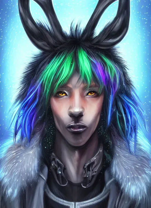 Image similar to award winning beautiful portrait commission of a male furry anthro Black Reindeer cyberpunk fursona with a tail, wings, wings, wings and a cute beautiful attractive detailed furry face wearing stylish black and rainbow galaxy clothes, outline, in a cyberpunk city at night while it rains. Character design by charlie bowater, ross tran, artgerm, and makoto shinkai, detailed, inked, western comic book art