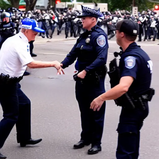 Image similar to donald trump handing a can of pepsi to a police officer during a riot