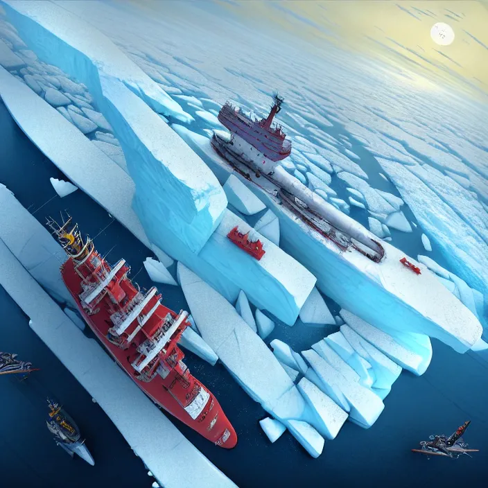 Image similar to A little bird's flight over an insanely huge icebreaker-fortress sailing across an icy cold ocean. Art by Finnian MacManus, Simon Stalenhag, Arthur Rackham. Masterpiece, cinematic, hyperdetailed, photorealistic, hyperrealism, octane rendering, 8k, aerial view.