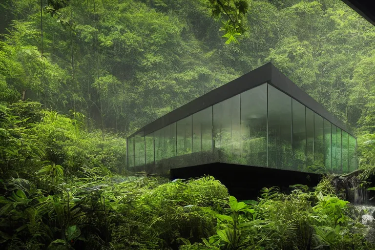 Prompt: photograph of a modern advanced glass house in the middle of a jungle, small stream flowing, little foggy, atmospheric