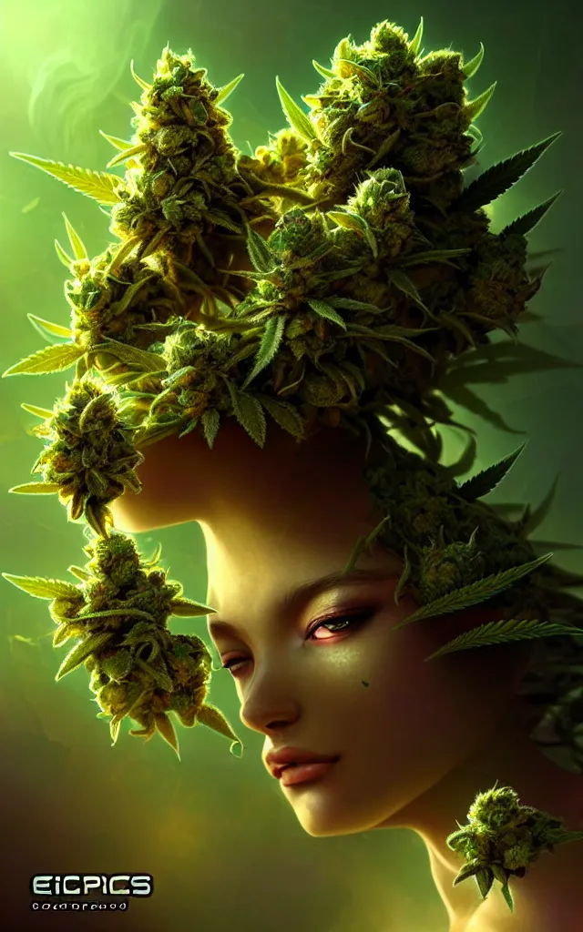 Prompt: epic scale cinematic marijuana goddess character concept perfect focus closeup macro photography of a beautiful marijuana bud crystals trichomes, densely packed buds of weed, sacred dmt weed superheroine visionary fantasy art by greg rutkowski android jones artgerm alphonse chroma rule of thirds golden ratio alien plants