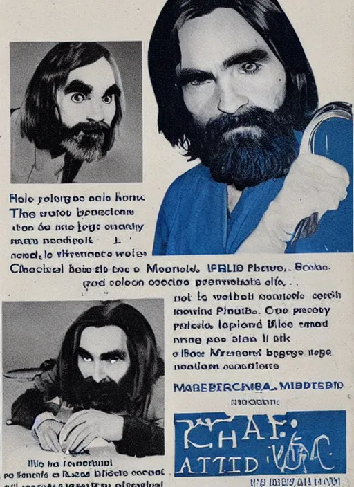 Image similar to vintage pharmaceutical advertisement depicting charles manson as a member of the blue man group
