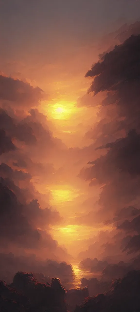 Image similar to A painting of a sunrise trending on artstation in the style of Greg Rutkowski