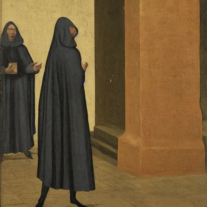 Image similar to a cloaked figured standing in front of a school, by early netherlandish painting,