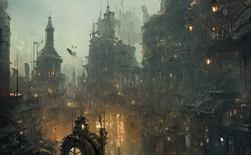Prompt: A painting of a Steampunk City trending on artstation in the style of Greg Rutkowski