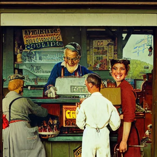 Prompt: a smiling merchant serving his customers at the fair artwork by Norman Rockwell, cinematic composition