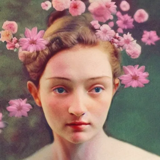 Image similar to a lot of flowers morphing in a beautiful girls face, film still by wes anderson, depicted by balthus, limited color palette, very intricate, art nouveau, highly detailed, lights by hopper, soft pastel colors, minimalist