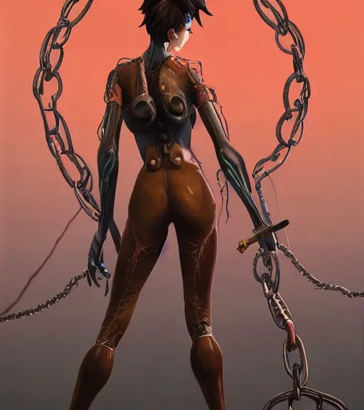 Image similar to full figure, painting of tracer from overwatch, in style of zdzisław beksinski, horror, 4 k, feminine facial features, full armor, full armor, detailed face, tall, dark ropes and chains in background