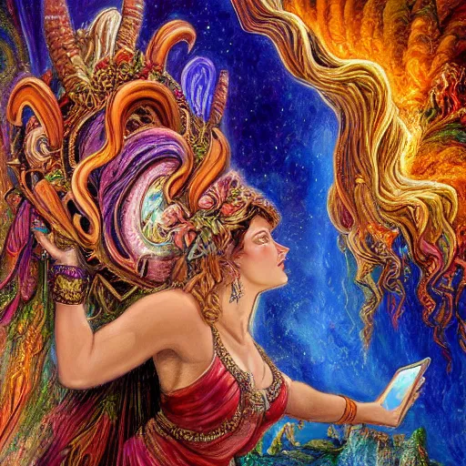 Prompt: a painting by josephine wall depicting aires as a goddess with large ram horns growing from her head. she is checking her cell phone. erupting volcano and sunrise in distance in background, flowers in foreground, acrylic on canvas, intricately detailed, highly detailed, high resolution, hd, 8 k, wallpaper, trending on artstation, zodiac, fantasy