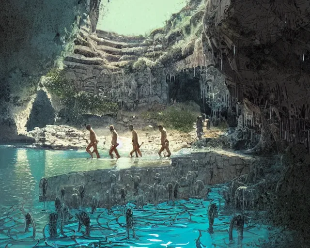 Image similar to a herd of centuars walking by abandoned greek architecture in shallow water, in a cave by the water, digital art, illustrated by james gurney and victo ngai