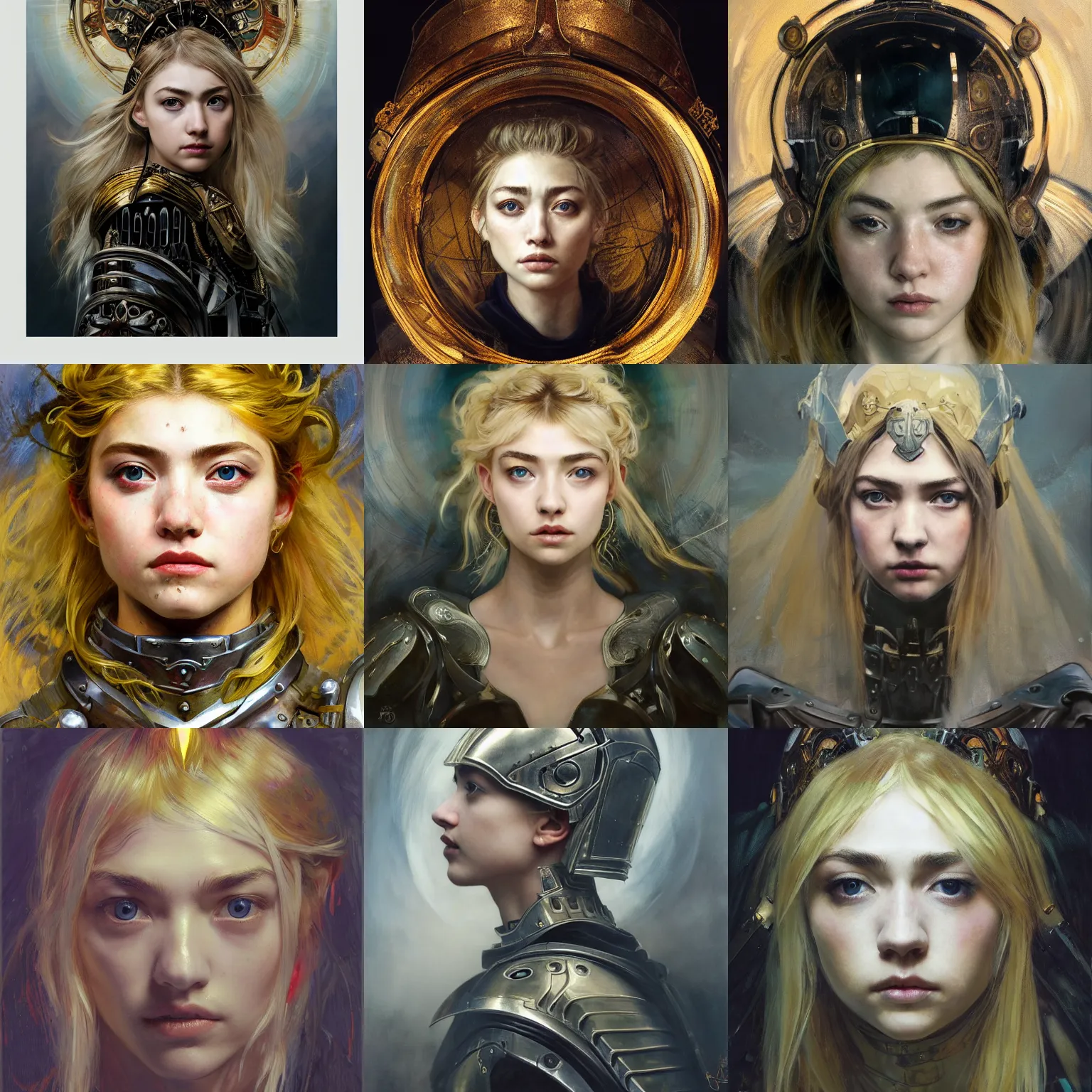 Prompt: masterpiece head-on symmetrical centered painted portrait, Imogen Poots as a holy warrior, blonde hair, holy light halo, glorious, wearing full metal armour, elegant, in the style of Guy Denning and Jeremy Mann and Ruan Jia and Artgerm and Edgar Maxence and Ross Tran and Michael Whelan and Alphonse Mucha and Ayami Kojima and Amano and Charlie Bowater and Karol Bak and Greg Hildebrandt and Jean Delville and Mark Brooks, Art Nouveau, Pre-Raphaelite, Neo-Gothic, gothic, Art Nouveau, rich deep moody colors